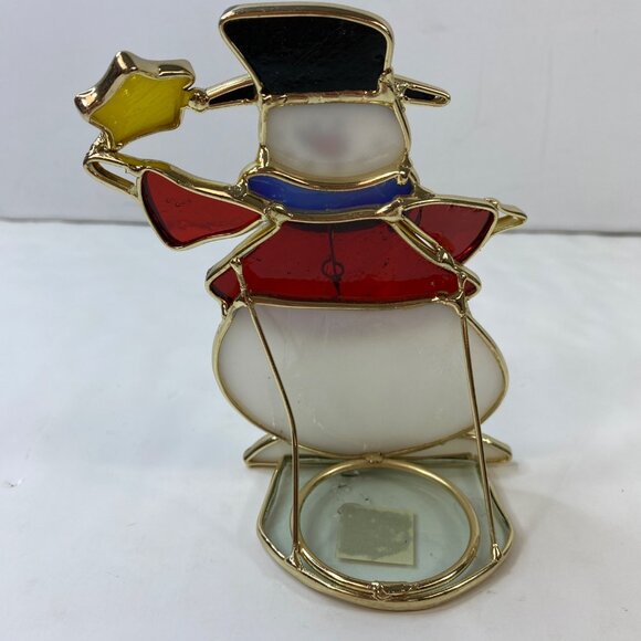 Stained Glass Snowman Tealight Holder White Red Black Blue Yellow - Picture 2 of 4